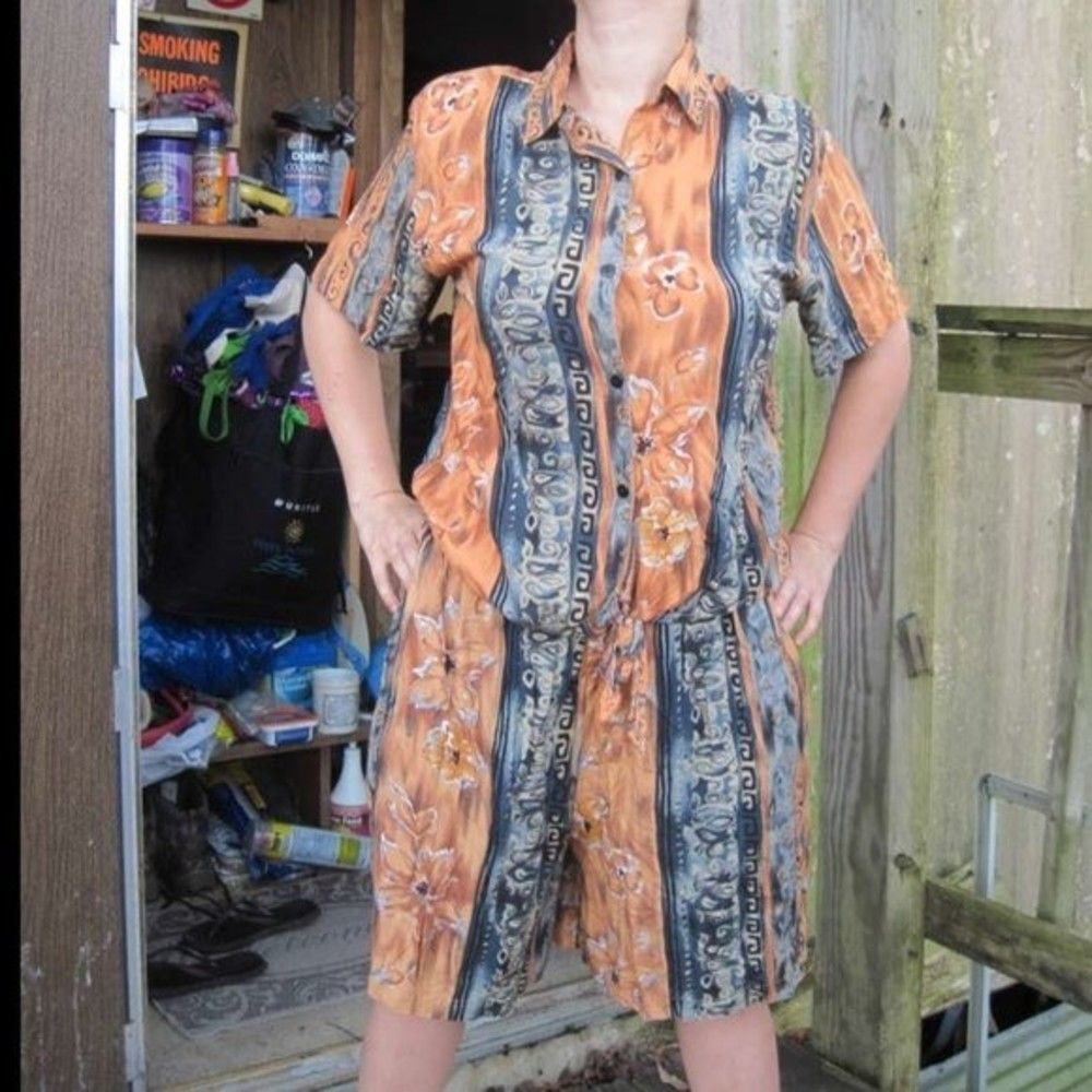 Zoey & Beth M Rayon 2 Piece Button Down Short Sleeve Shirt & Shorts Loose Casual